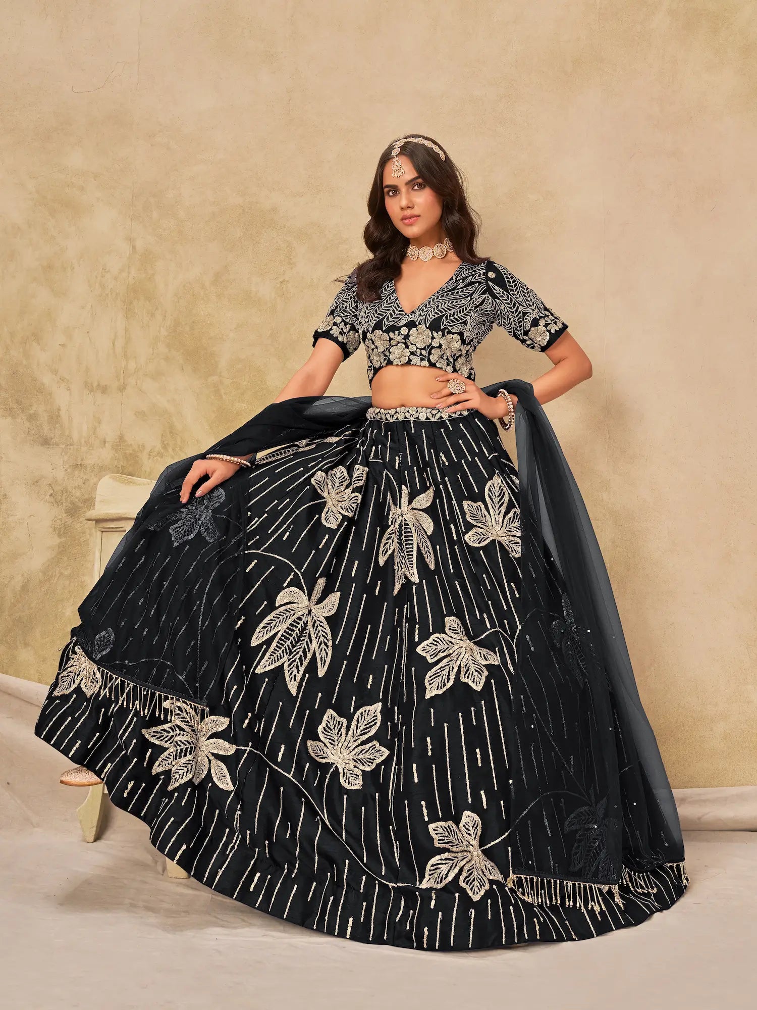 Black Art Silk Lehenga Choli With Sequins Embroidery - qivii