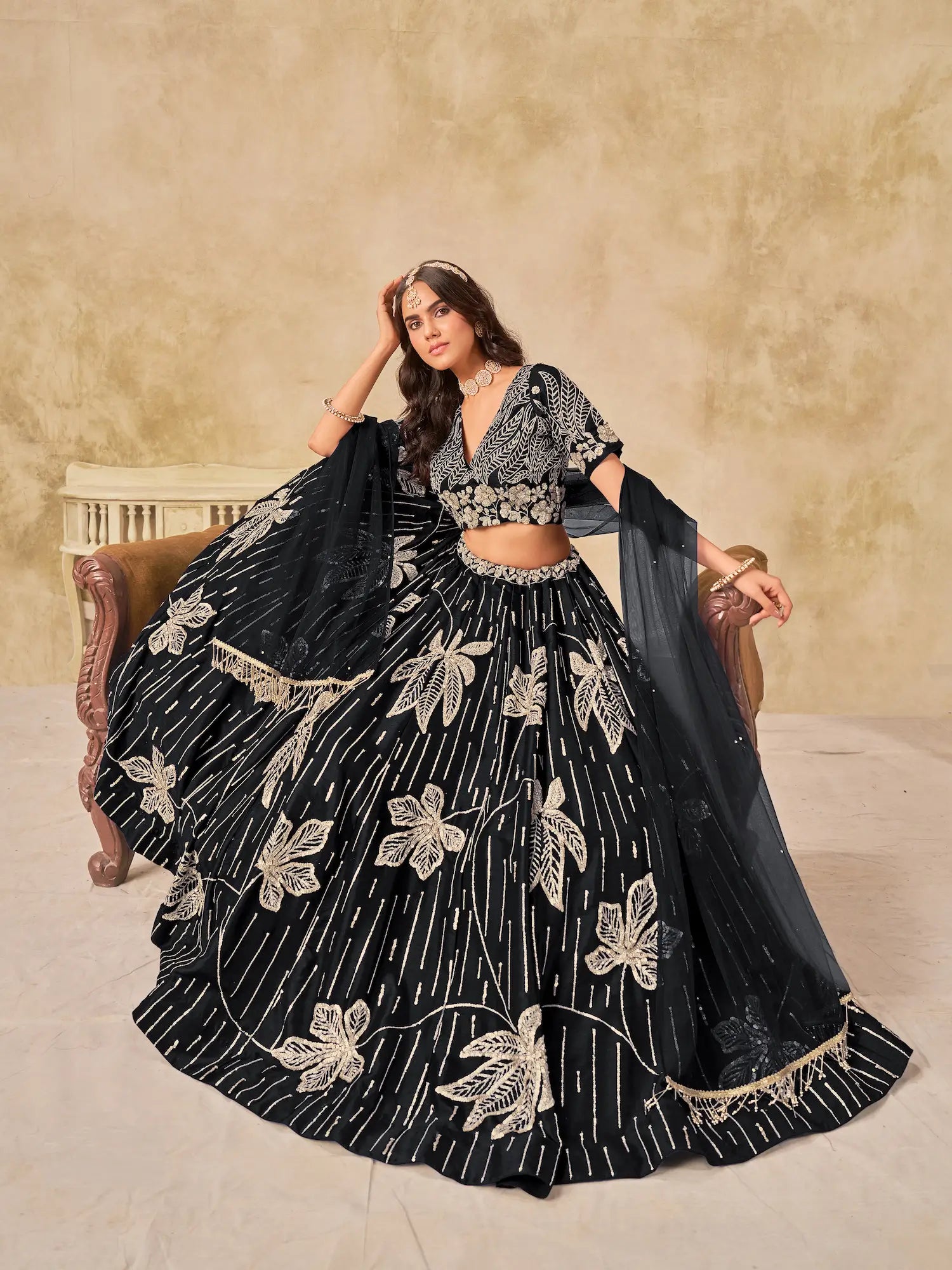 Black Art Silk Lehenga Choli With Sequins Embroidery - qivii