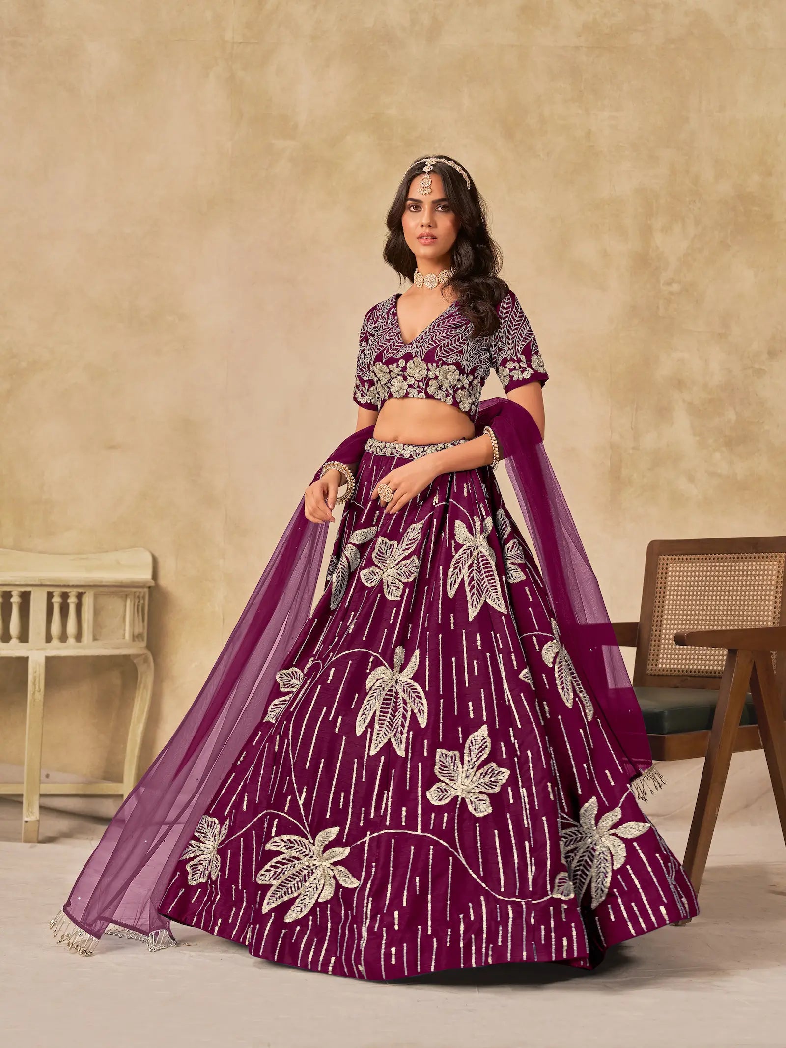 Wine Art Silk Lehenga Choli With Sequins Embroidery - qivii