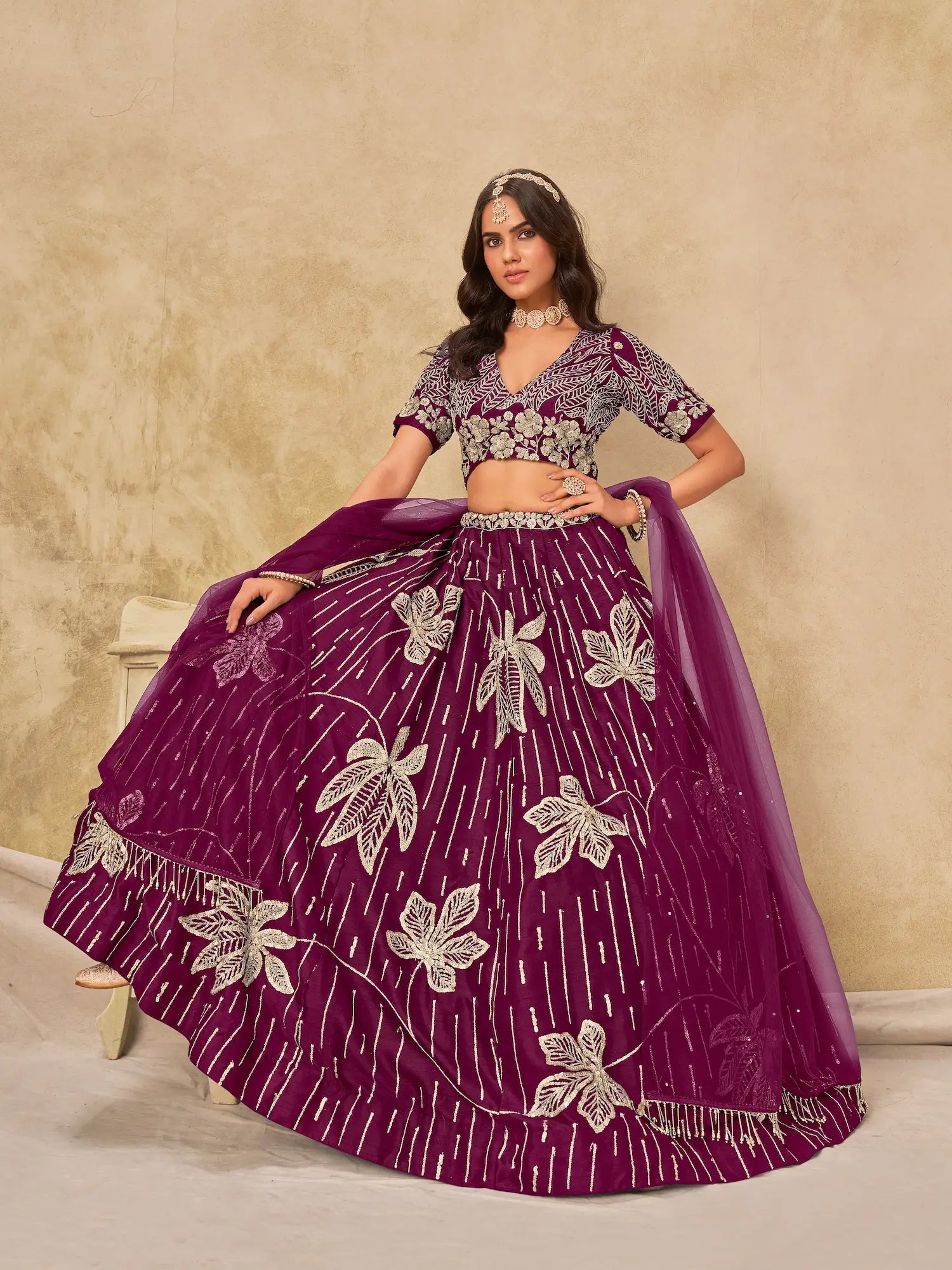 Wine Art Silk Lehenga Choli With Sequins Embroidery - qivii