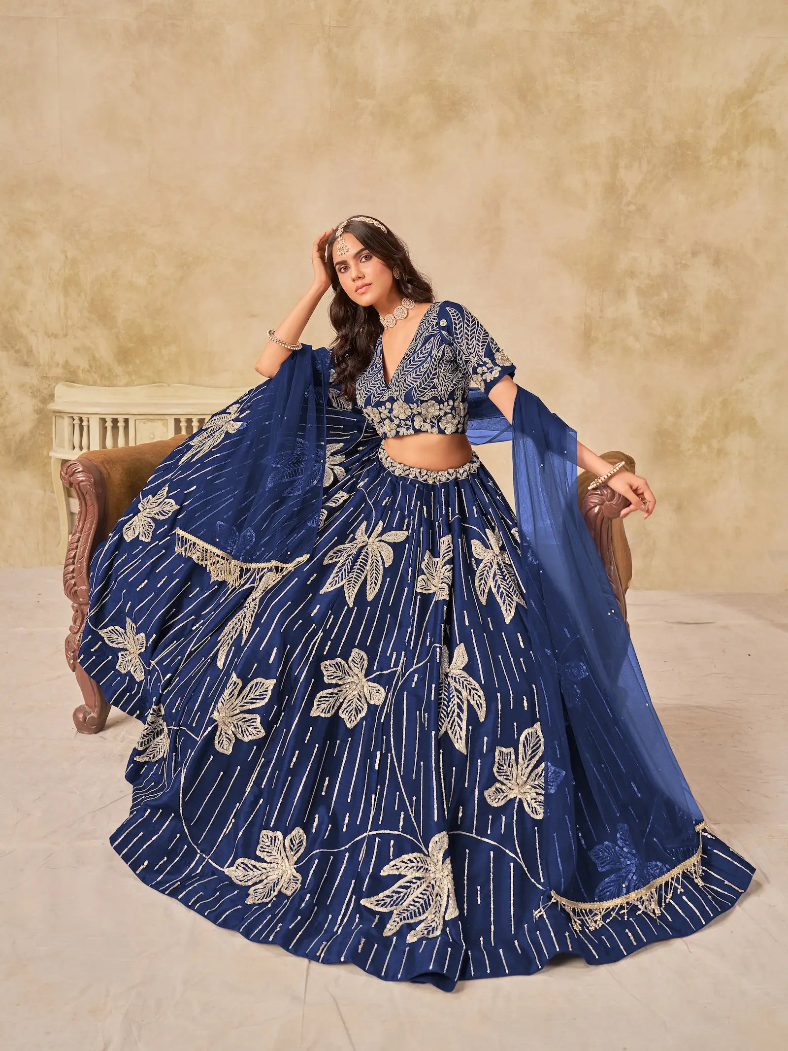 Navy Blue Art Silk Lehenga Choli With Sequins Embroidery - qivii