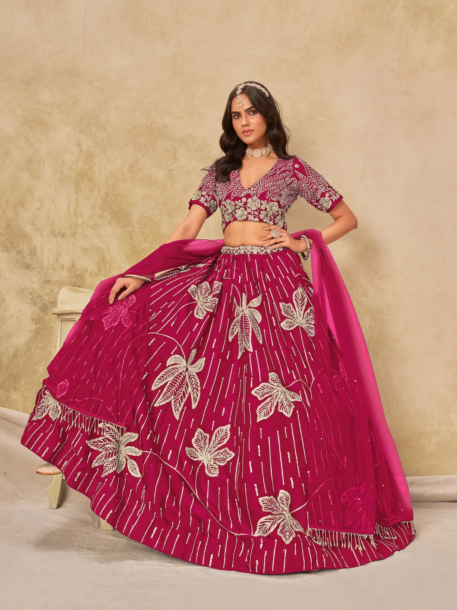 Pink Art Silk Lehenga Choli With Sequins Embroidery - qivii