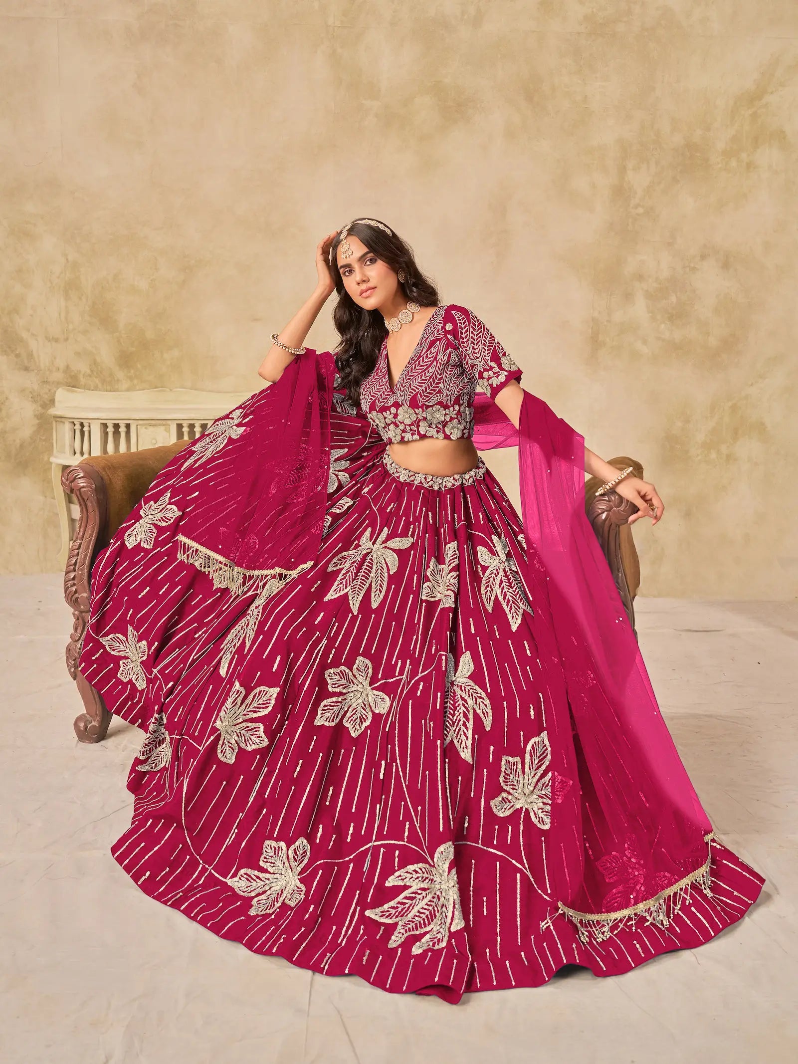 Pink Art Silk Lehenga Choli With Sequins Embroidery - qivii
