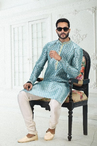 Men's Blue Banarasi Silk Pintux Work Kurta Pajama Set