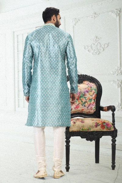 Men's Blue Banarasi Silk Pintux Work Kurta Pajama Set