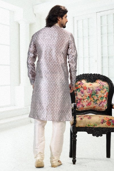Men's Grey Banarasi Silk Pintux Work Kurta Pajama Set