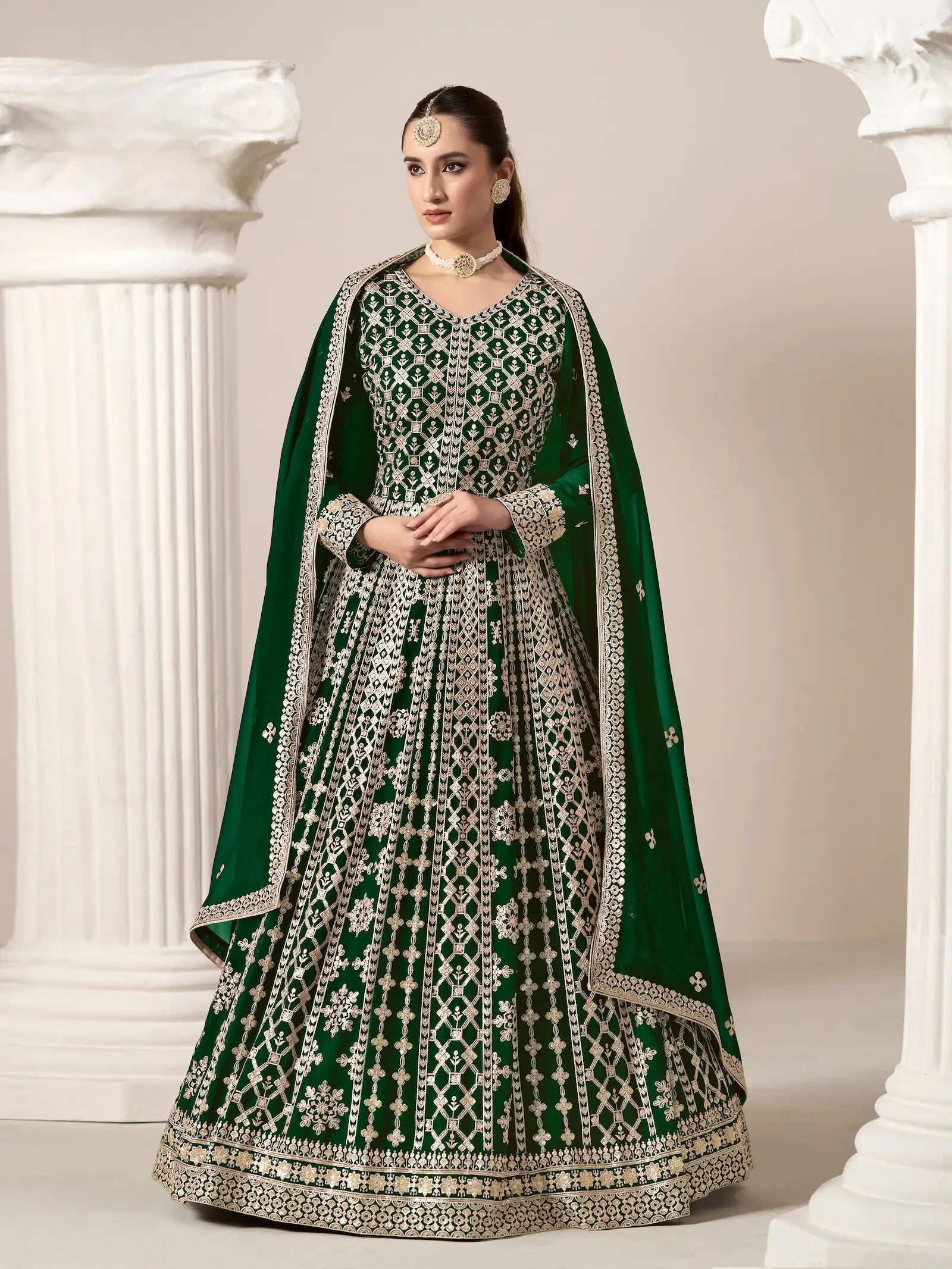Green Georgette Gown With Sequence & Thread Embroidery Work - qivii