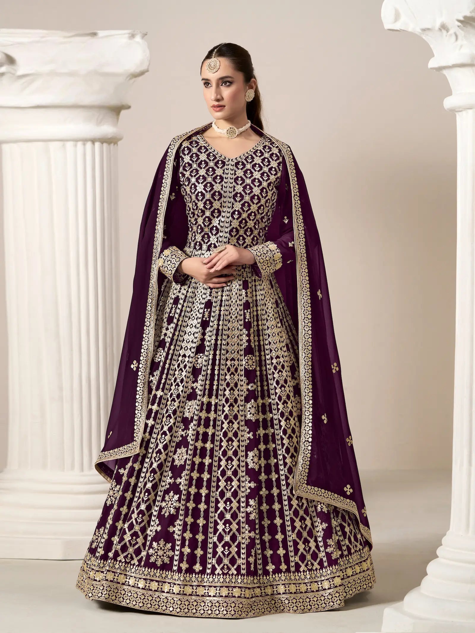 Wine Georgette Gown With Sequence & Thread Embroidery Work - qivii
