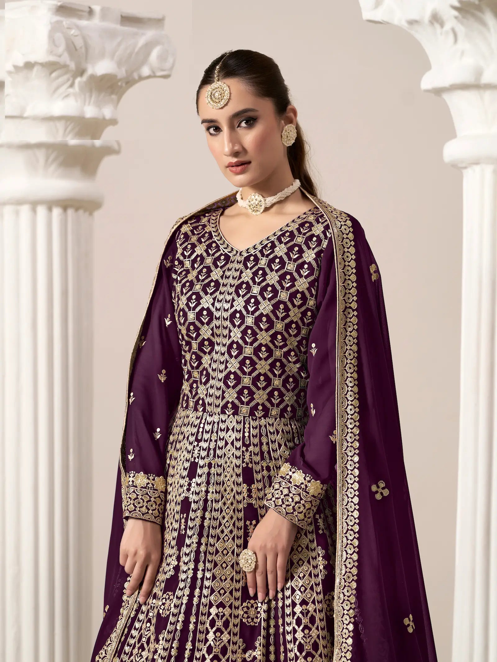 Wine Georgette Gown With Sequence & Thread Embroidery Work - qivii