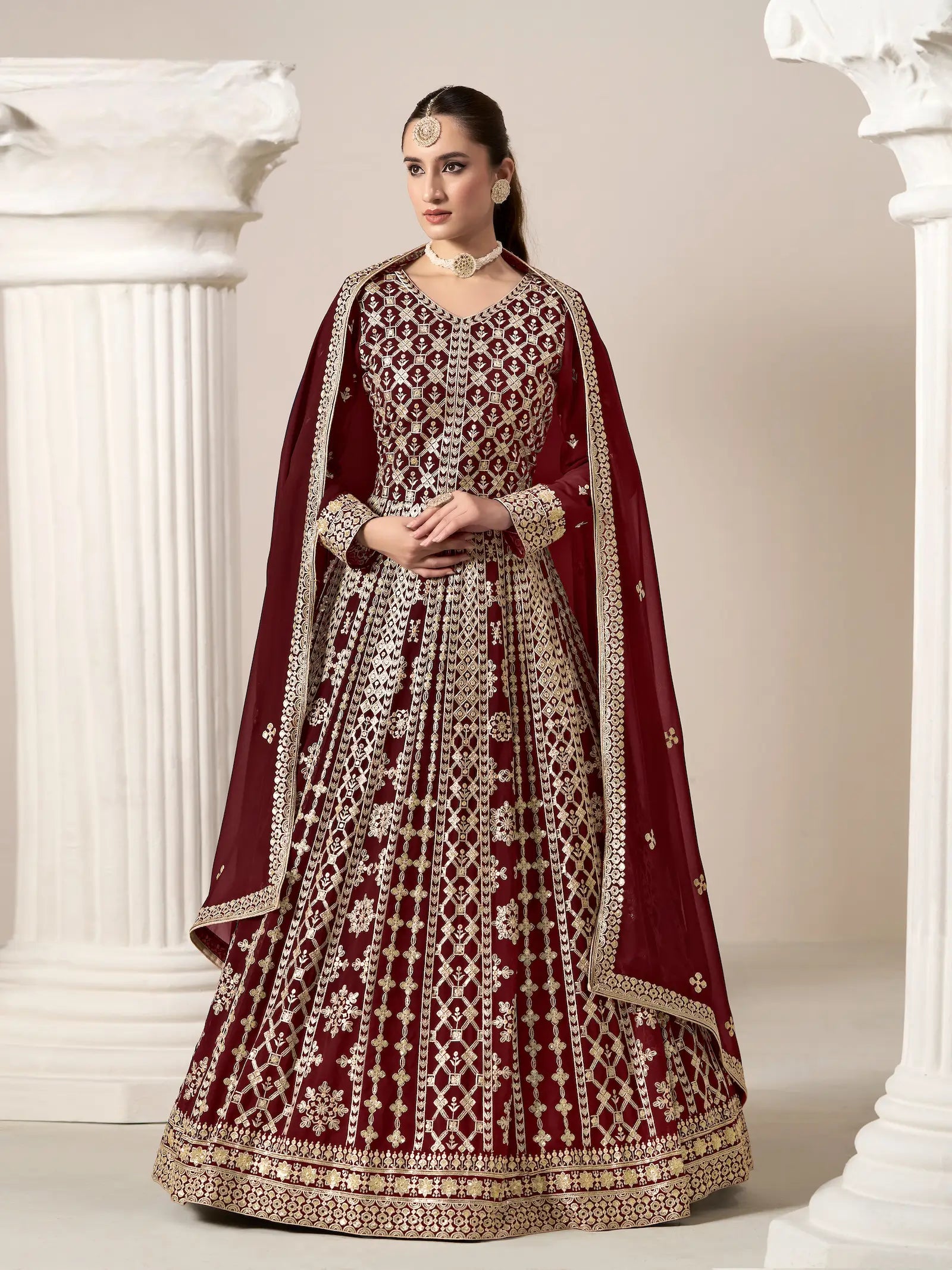 Maroon Georgette Gown With Sequence & Thread Embroidery Work - qivii