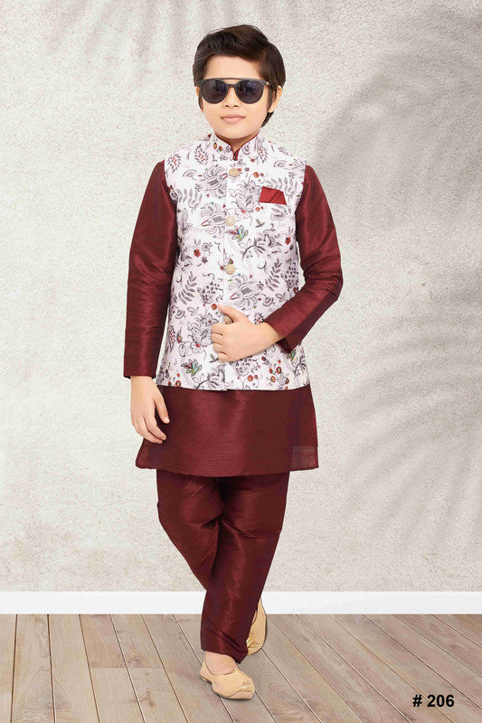 Boy's Off White Banarasi Silk Digital Printed Jacket Set