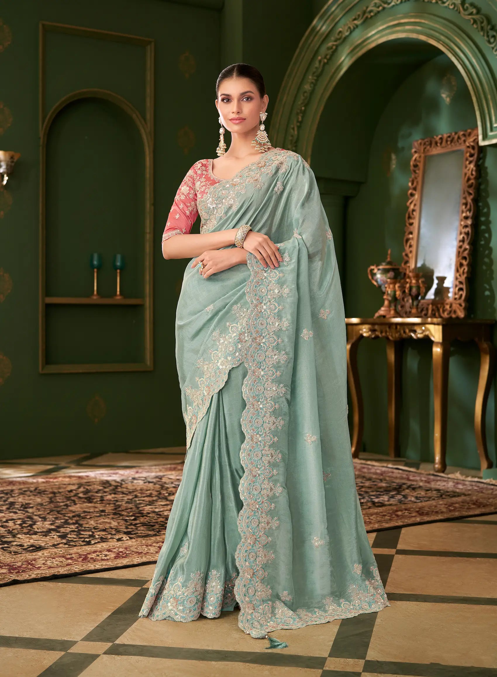 Sky Blue Viscose georgette Heavy Embroidery Saree