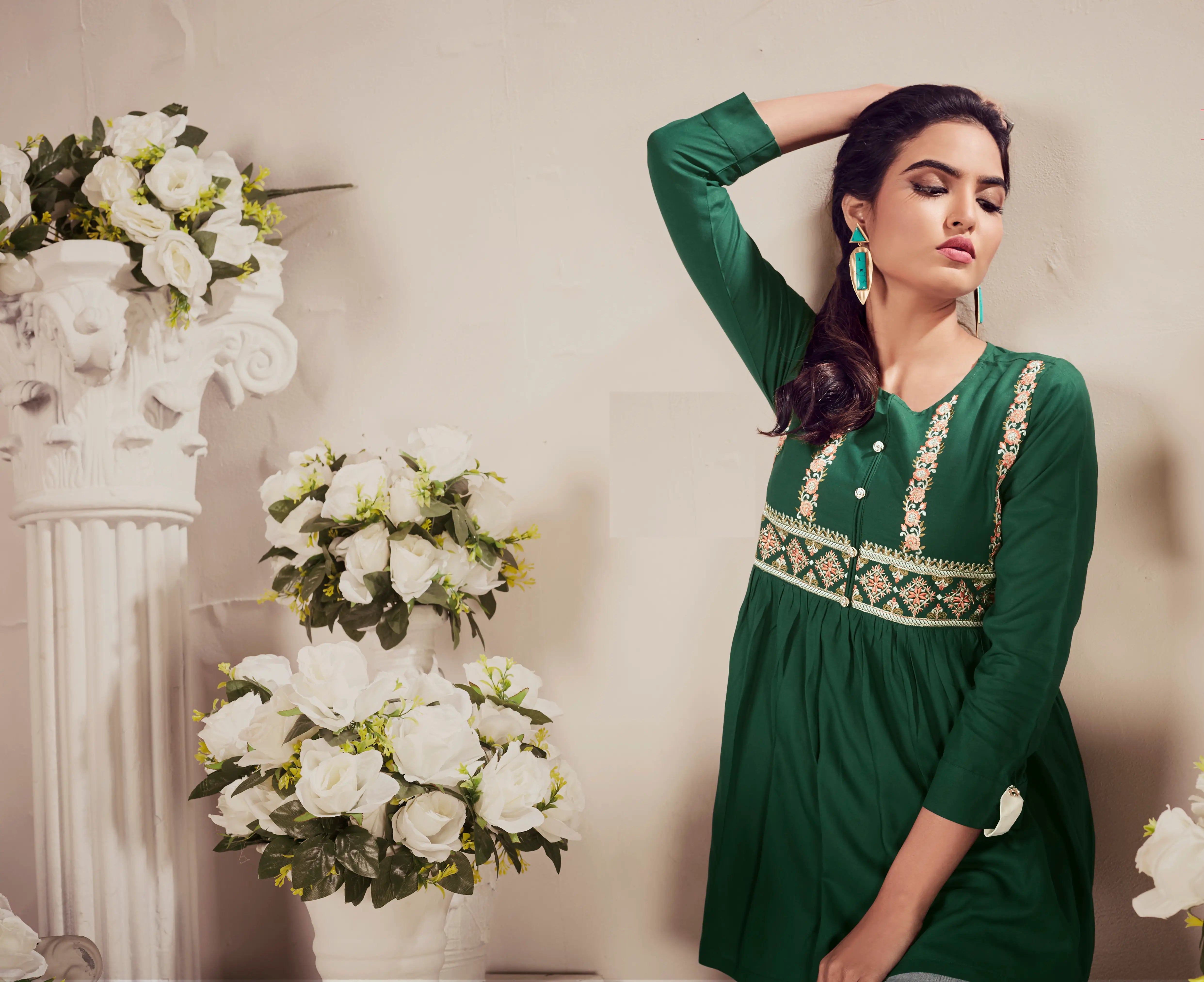 Green Rayon Straight Short Kurti - qivii