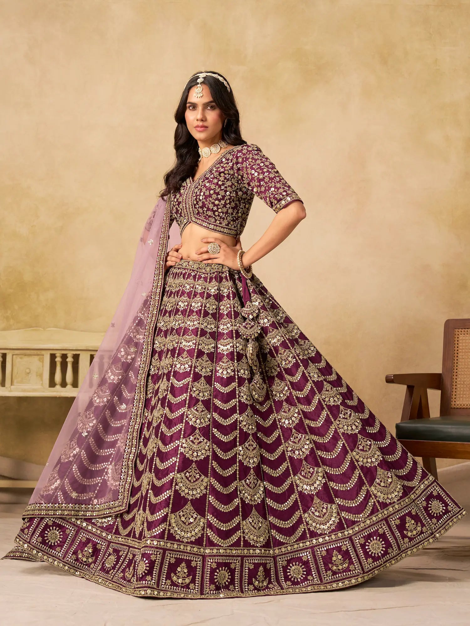 Wine Berry Art Silk Embroidery Lehenga Choli - qivii