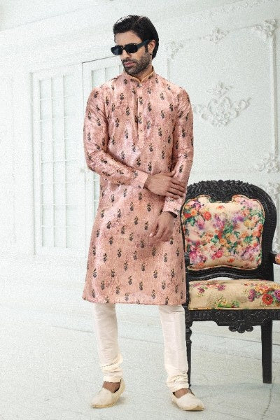 Men's Peach Banarasi Silk Pintux Work Kurta Pajama Set