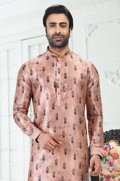 Men's Peach Banarasi Silk Pintux Work Kurta Pajama Set