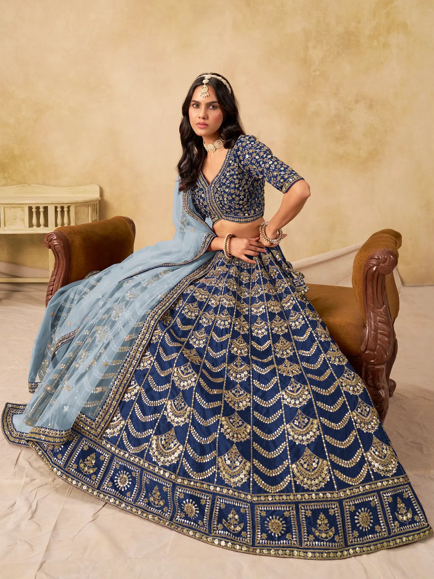 Nile Blue Art Silk Embroidery Lehenga Choli - qivii