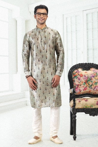 Men's Pista Green Banarasi Silk Pintux Work Kurta Pajama Set