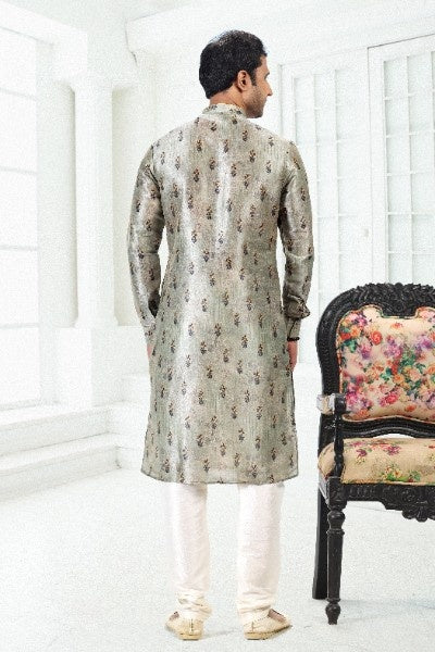 Men's Pista Green Banarasi Silk Pintux Work Kurta Pajama Set
