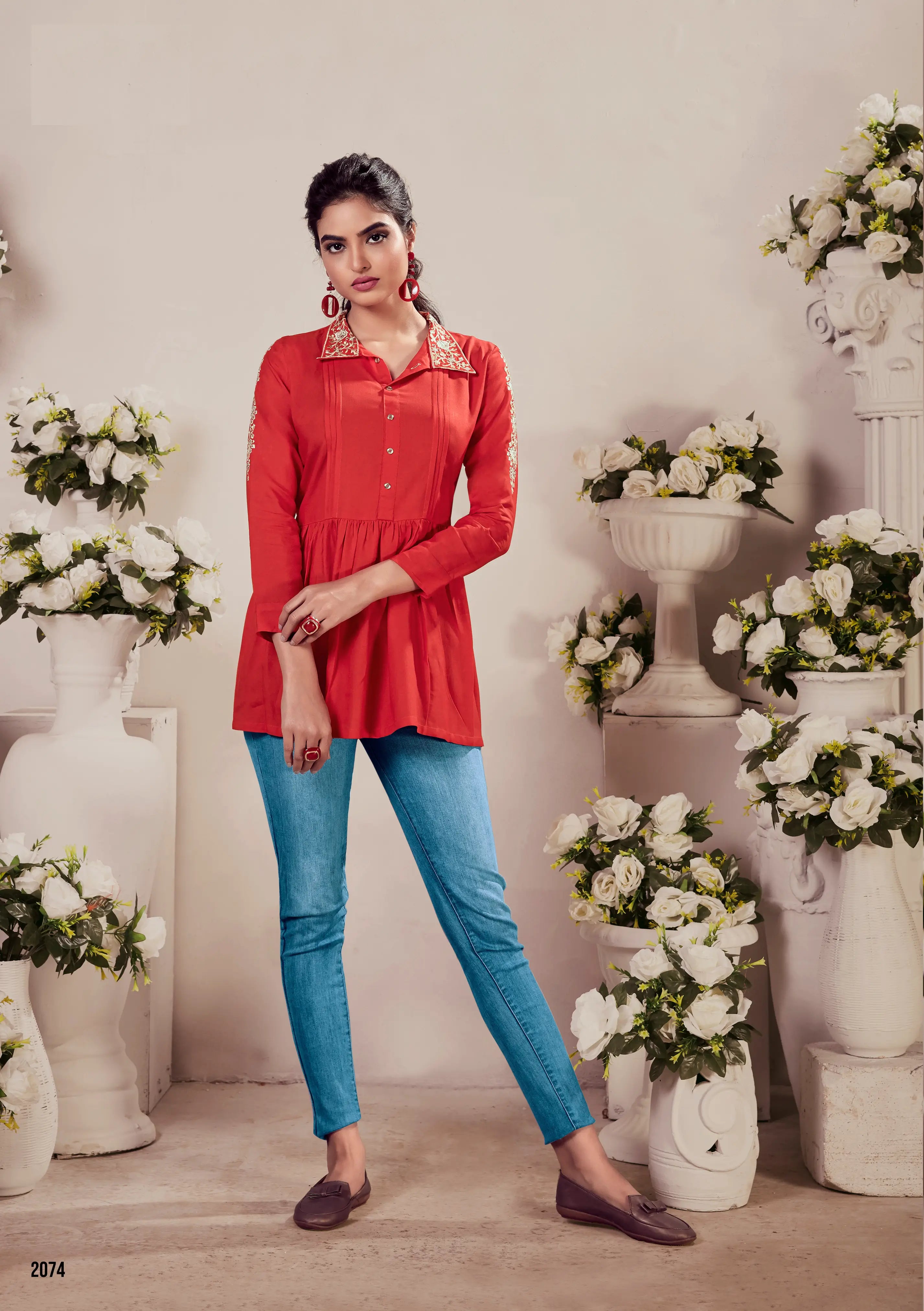 Red Rayon Straight Short Kurti - qivii
