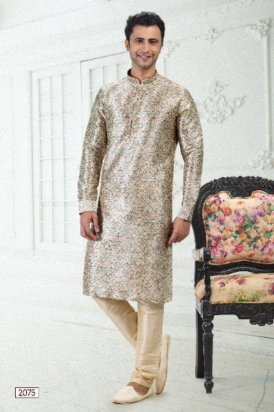 Men's Cream Green Banarasi Silk Pintux Work Kurta Pajama Set