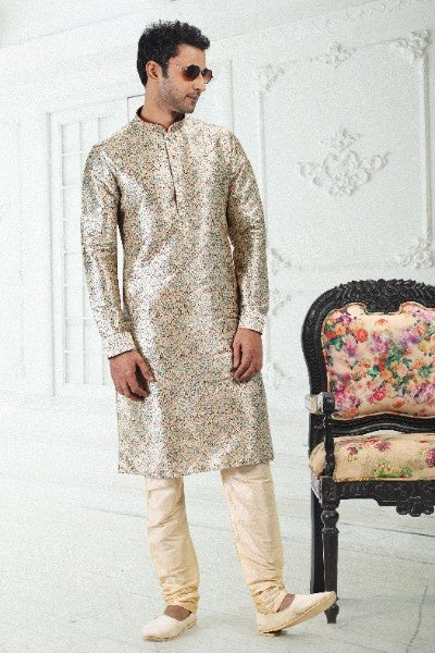 Men's Cream Green Banarasi Silk Pintux Work Kurta Pajama Set
