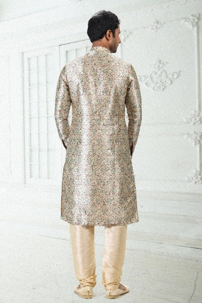 Men's Cream Green Banarasi Silk Pintux Work Kurta Pajama Set