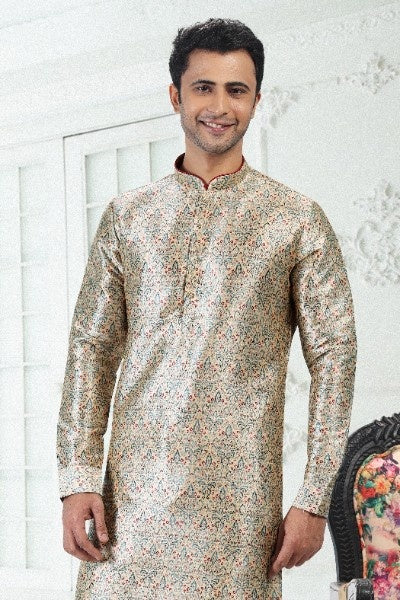 Men's Cream Green Banarasi Silk Pintux Work Kurta Pajama Set