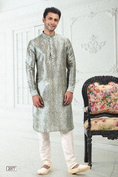 Men's Cream Teal Green Banarasi Silk Pintux Work Kurta Pajama Set