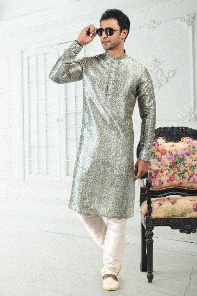 Men's Cream Teal Green Banarasi Silk Pintux Work Kurta Pajama Set