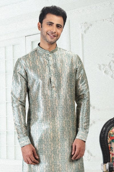 Men's Cream Teal Green Banarasi Silk Pintux Work Kurta Pajama Set