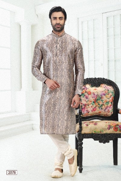 Men's Cream Grey Banarasi Silk Pintux Work Kurta Pajama Set