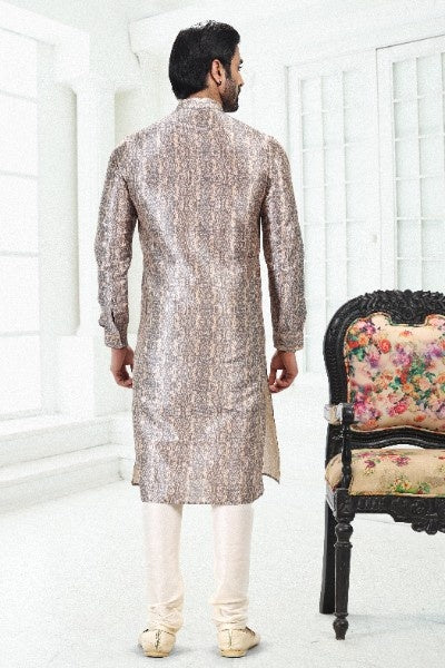 Men's Cream Grey Banarasi Silk Pintux Work Kurta Pajama Set