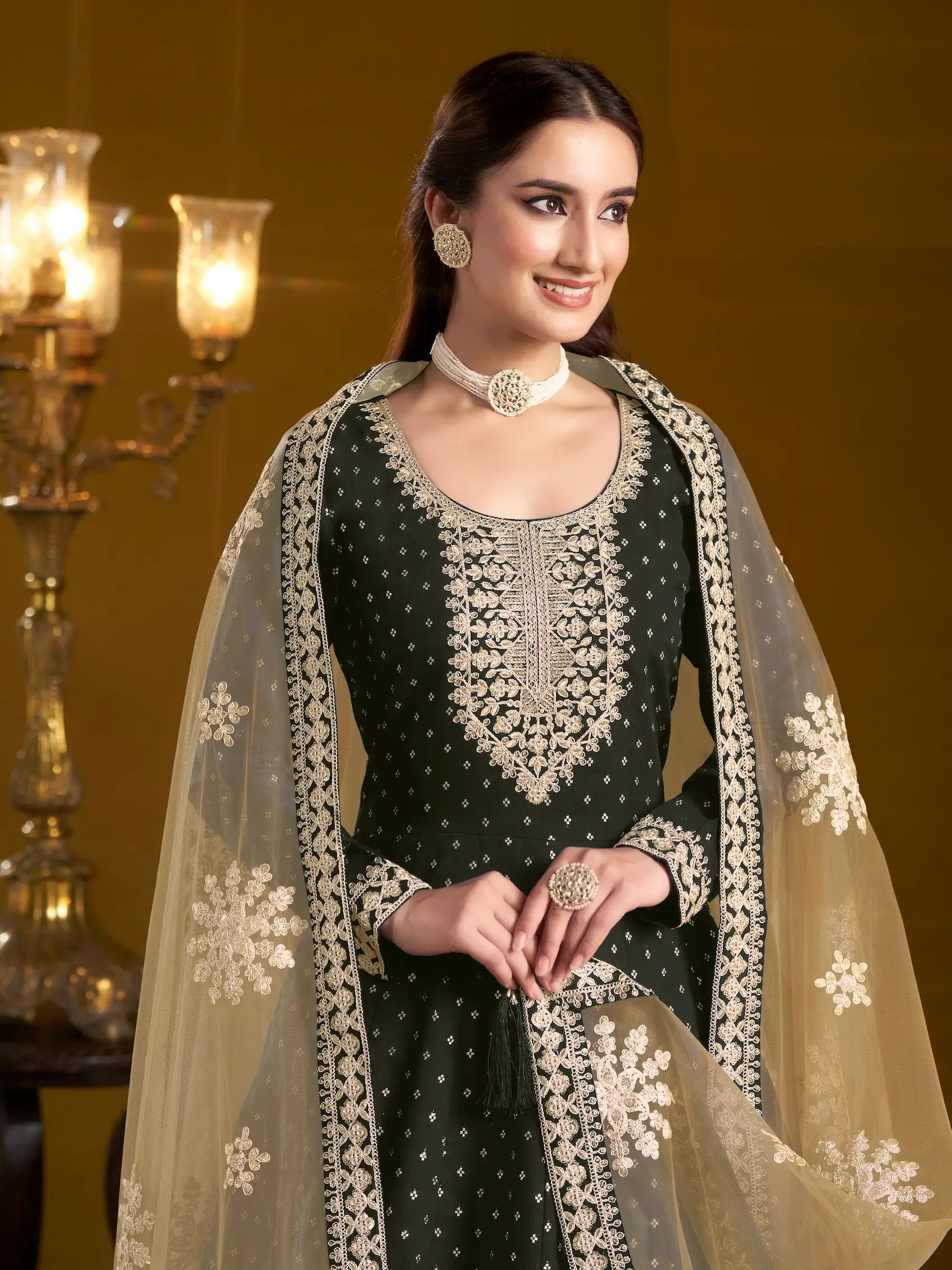 Black Chanderi Silk Gown With Zari Weaving Work,Sequence & Thread Embroidery Work - qivii