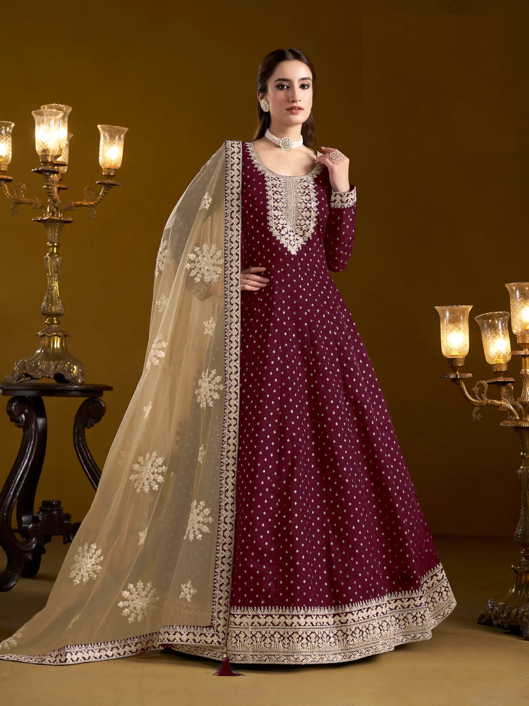 Wine Chanderi Silk Gown With Zari Weaving Work,Sequence & Thread Embroidery Work - qivii