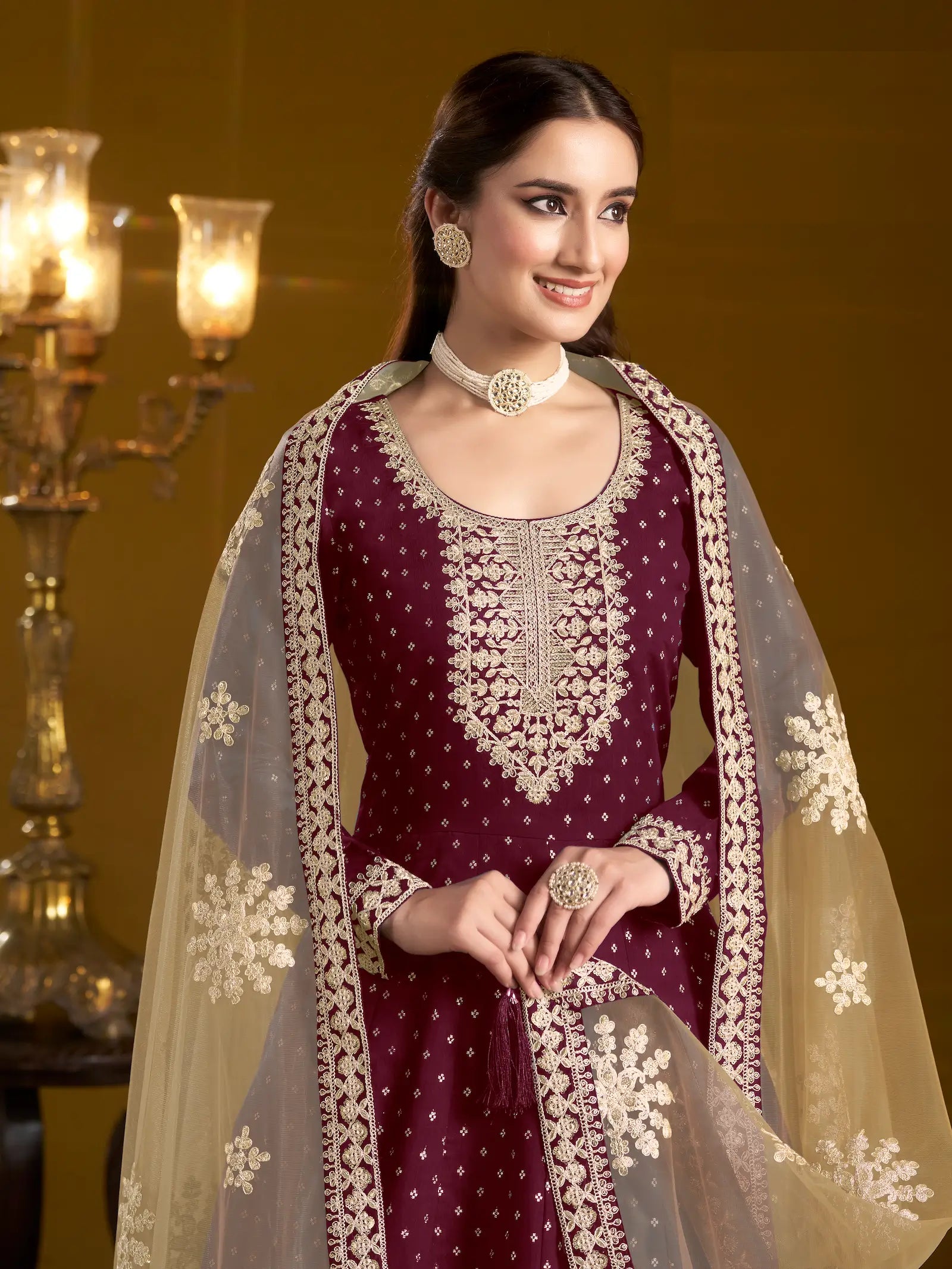 Wine Chanderi Silk Gown With Zari Weaving Work,Sequence & Thread Embroidery Work - qivii