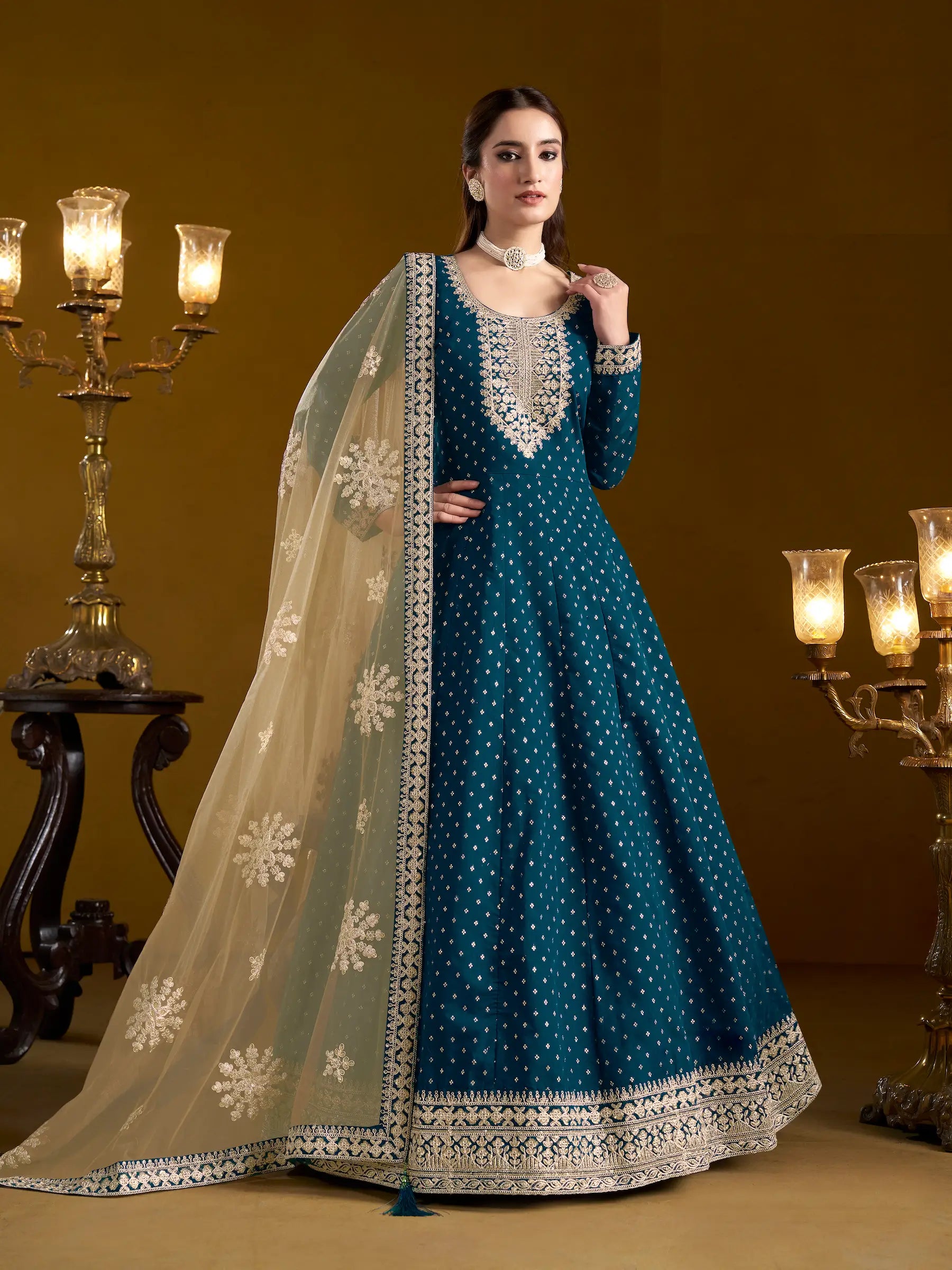 Teal Blue Chanderi Silk Gown With Zari Weaving Work,Sequence & Thread Embroidery Work - qivii
