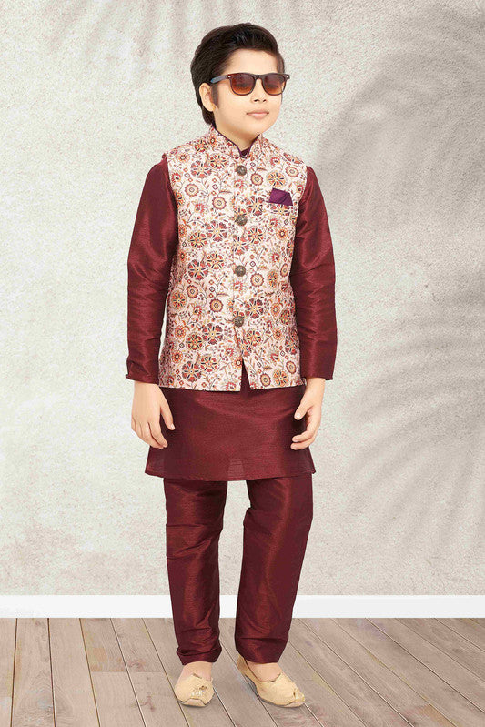 Boy's Cream Banarasi Silk Digital Printed Jacket Set