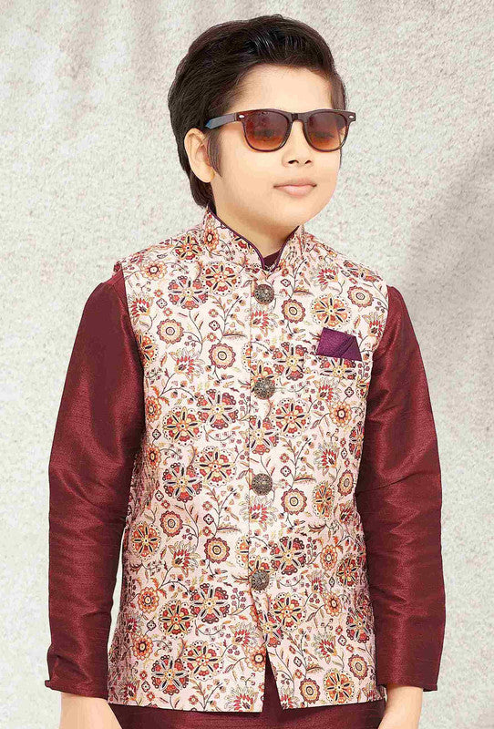 Boy's Cream Banarasi Silk Digital Printed Jacket Set
