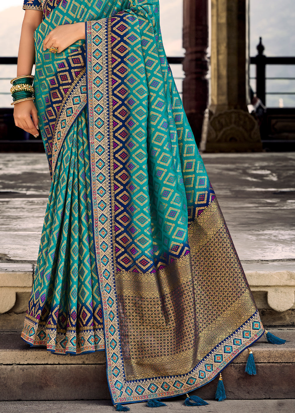 Teal Blue Woven Dola Silk Saree with Embroidered Blouse - qivii