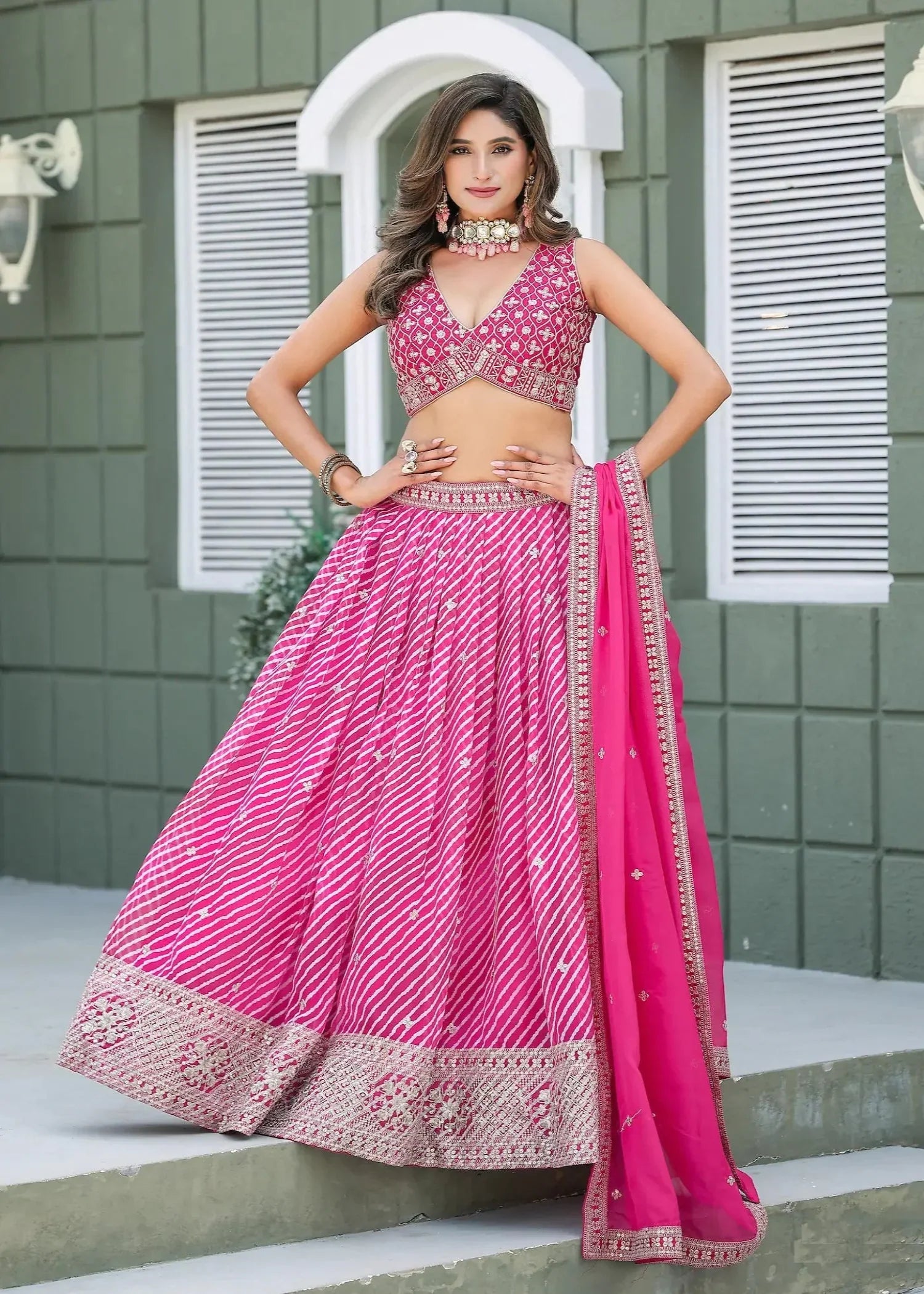 Hot Pink Silk Leheriya Print & Embroidery Lehenga Choli