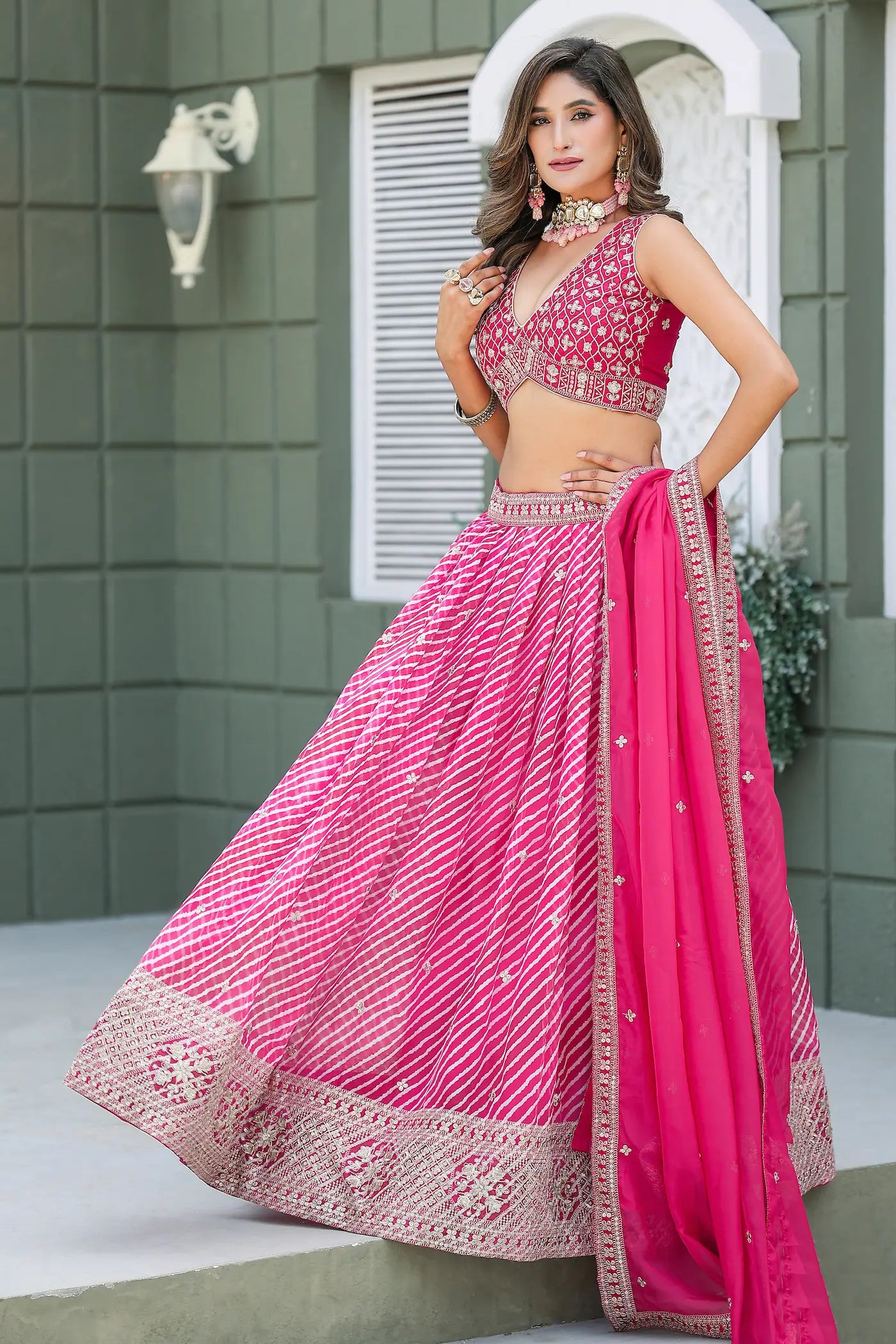 Hot Pink Silk Leheriya Print & Embroidery Lehenga Choli