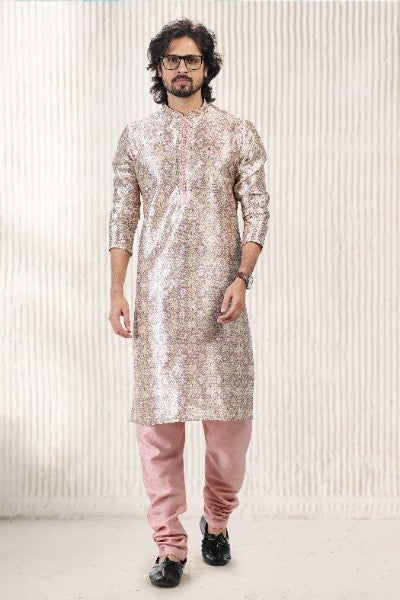 Men's Cream Peach Jacquard Banarasi Silk Digital Print Kurta Pajama Set