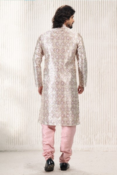 Men's Cream Peach Jacquard Banarasi Silk Digital Print Kurta Pajama Set
