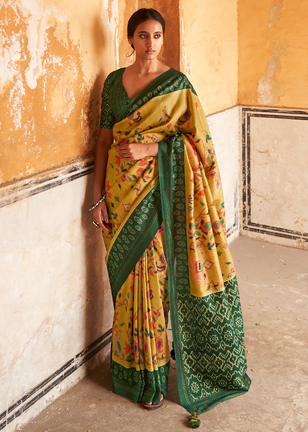 Mikado Yellow Patola Print Tussar Silk Saree - qivii