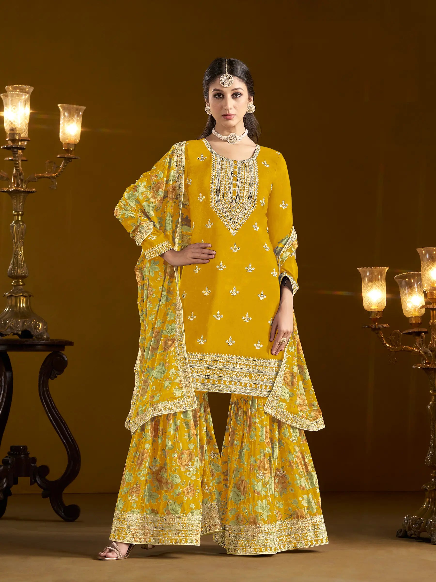 Yellow Chinon Printed, Sequins & Thread Embroidered Sharara Suit - qivii