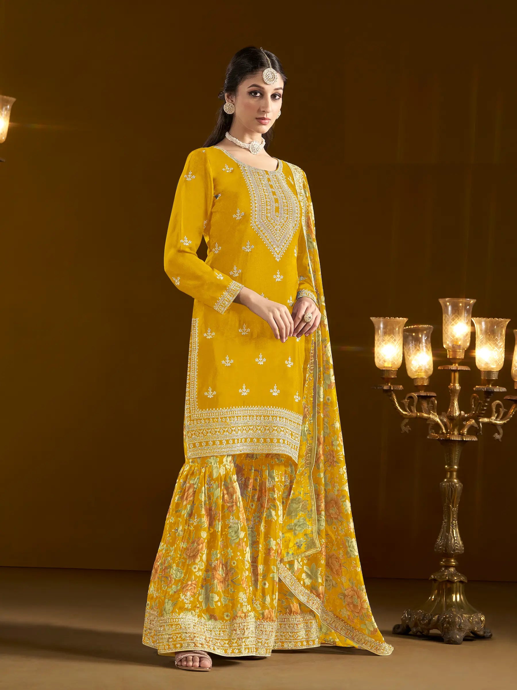 Yellow Chinon Printed, Sequins & Thread Embroidered Sharara Suit - qivii