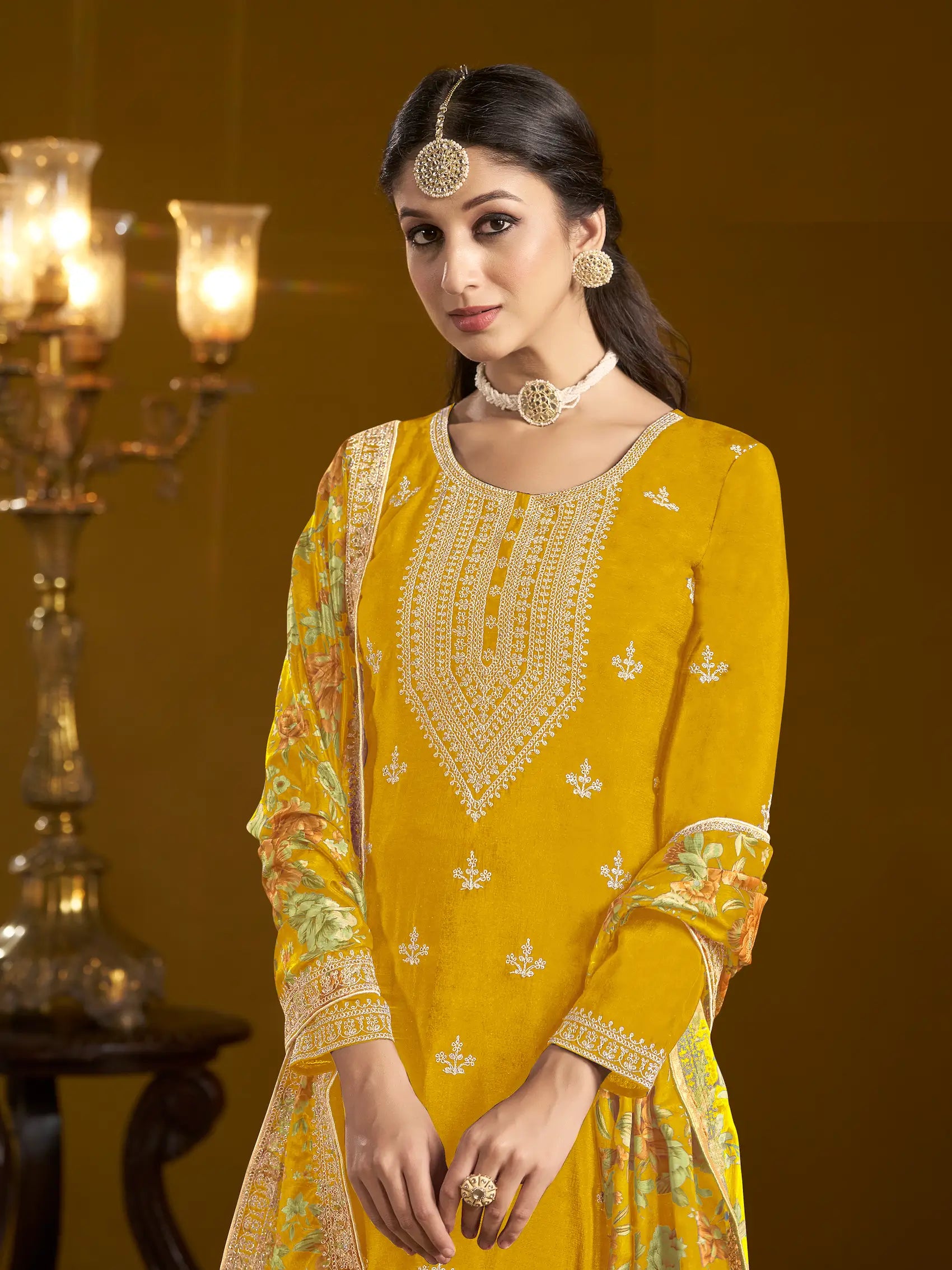 Yellow Chinon Printed, Sequins & Thread Embroidered Sharara Suit - qivii
