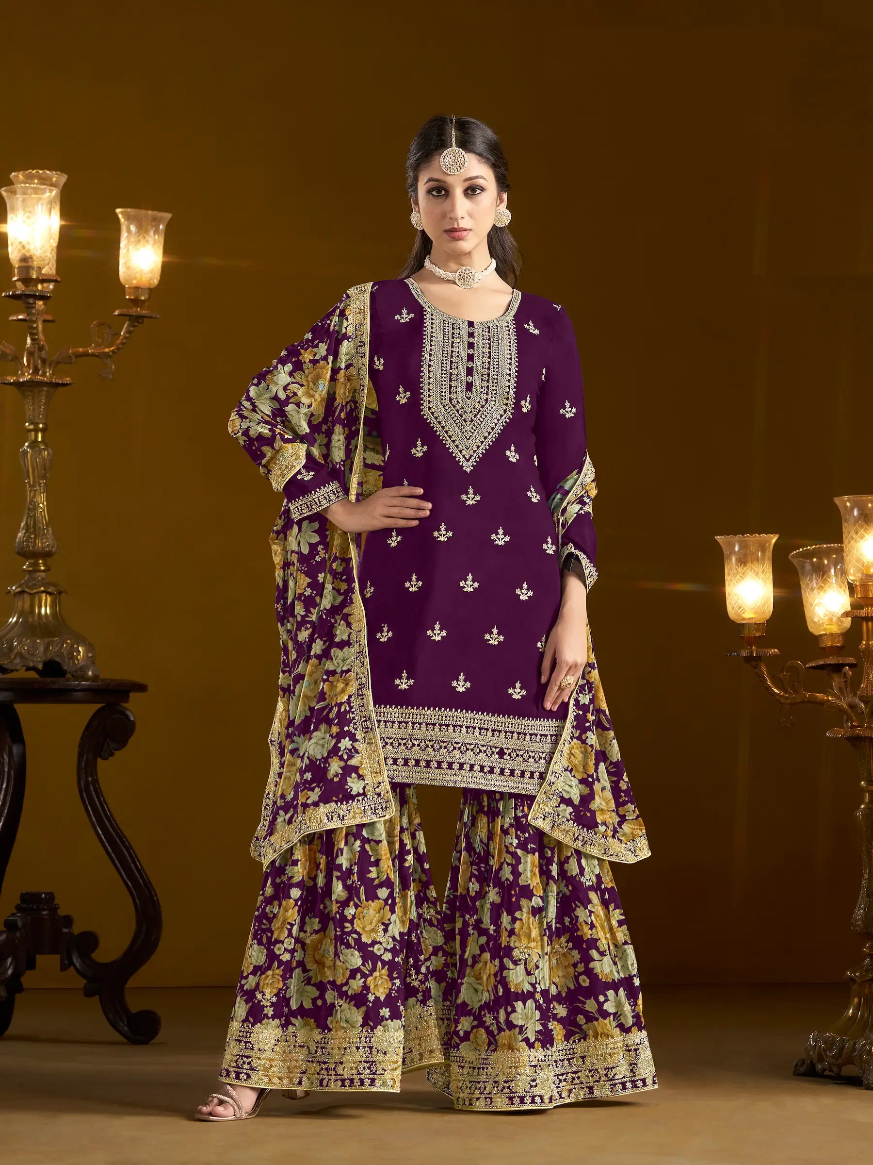 Wine Chinon Printed, Sequins & Thread Embroidered Sharara Suit - qivii