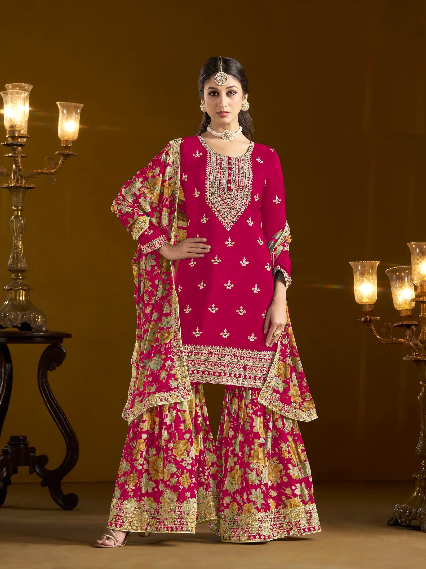 Pink Chinon Printed, Sequins & Thread Embroidered Sharara Suit - qivii